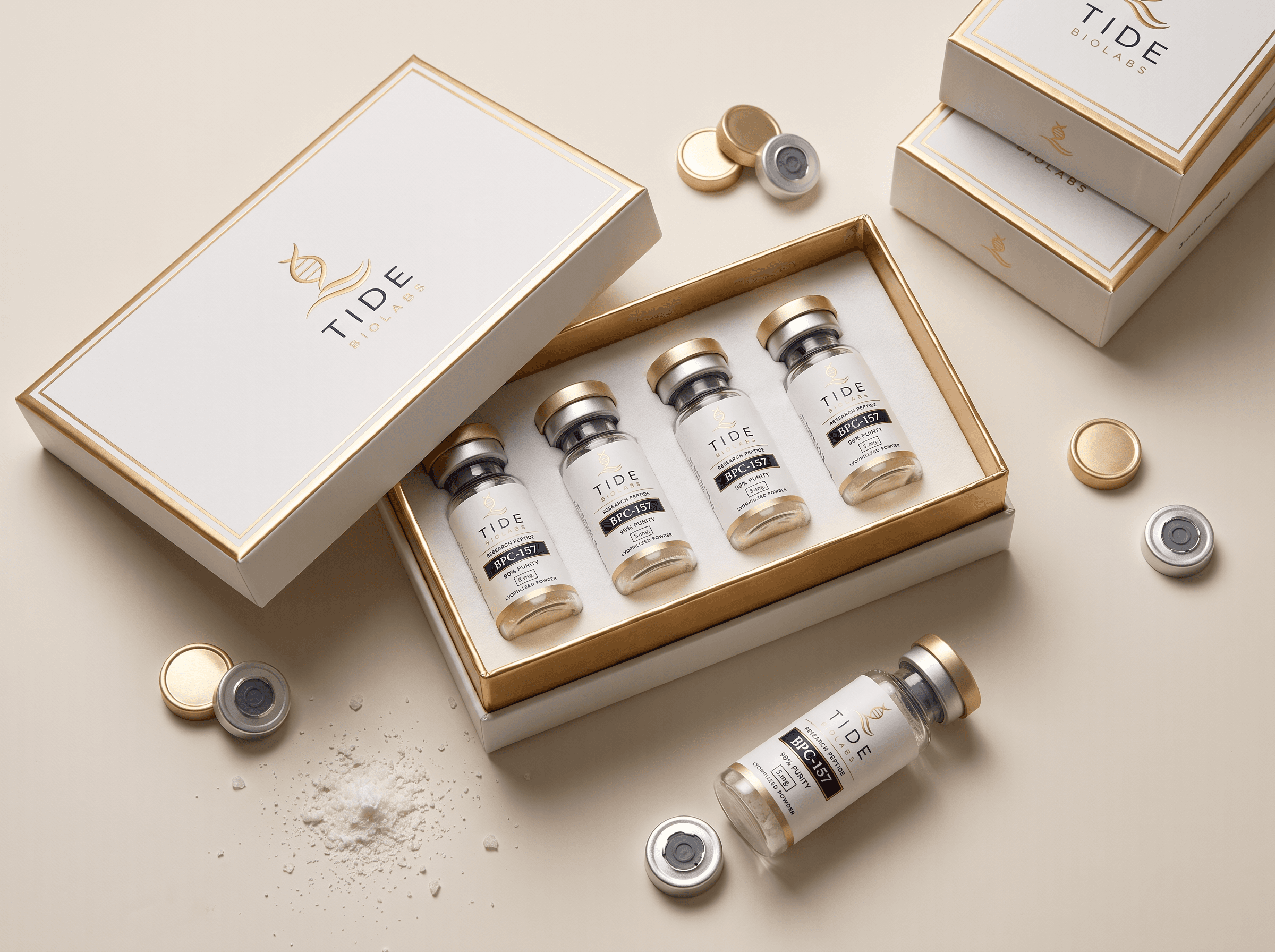 TIDE BIOLABS research peptide packaging and vials, studio photoshoot